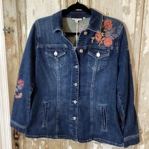 Chico's Dark Blue Denim Jacket with Pink & Orange Floral Embroidery - S - NWT!